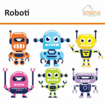 Naljepnice za utičnice i prekidače - Roboti, set od 6 naljepnica u obliku robota, svaki robot je drugog oblika i boje