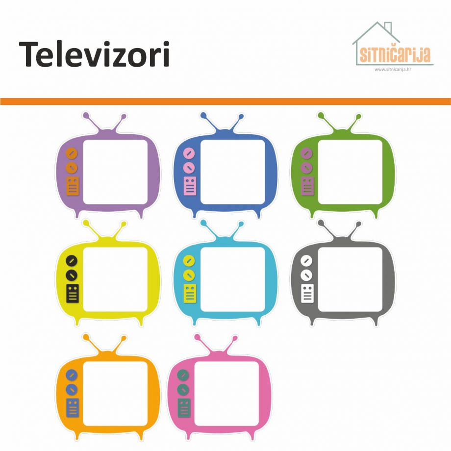 Naljepnice za utičnice i prekidače - Televizori; set od 8 televizora različitih boja koje se lijepe oko utičnica ili prekidača
