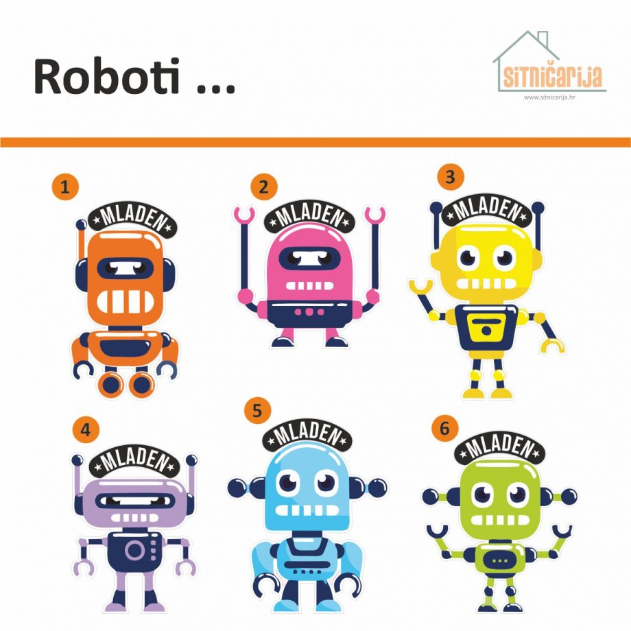Naljepnice za vrata -Roboti; serija od 6 slika robota, a uz svakog se veže jedno ime