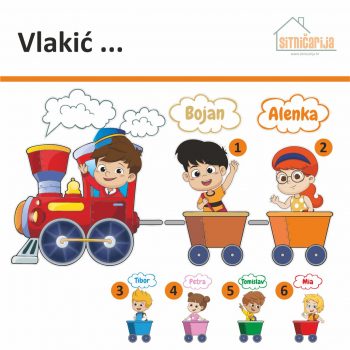 Naljepnice za vrata - Vlakić; serija naljepnica u obliku vlakića koji vuče 6 vagona s imenima djece