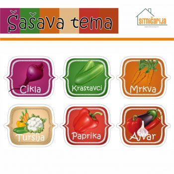 Naljepnice za zimnicu - Kisela zimnica - Šašava tema; serija naljepnica za 6 različitih vrsta kisele zimnice šarenih boja povrća