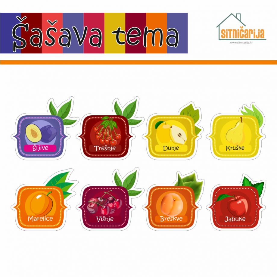 Naljepnice za zimnicu - Kompot - Šašava tema; serija naljepnica za 8 različitih vrsta kompota šarenih boja voća