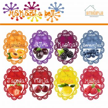 Naljepnice za zimnicu - Pekmez - Tema mekezi u boji; serija naljepnica za 9 različitih vrsta pekmeza, mladenačkog dizajna sa slikama voća