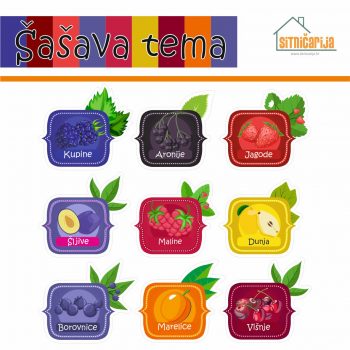 Naljepnice za zimnicu - Pekmez - Šašava tema; serija naljepnica za 9 različitih vrsta pekmeza šarenih boja voća