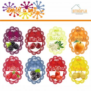 Naljepnice za zimnicu - Sokovi - Tema sokići u boji; serija naljepnica za 9 različitih vrsta sokova, mladenačkog dizajna sa slikama voća