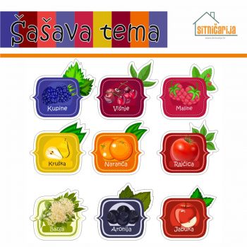 Naljepnice za zimnicu - Sokovi - Šašava tema; serija naljepnica za 9 različitih vrsta sokova šarenih boja voća