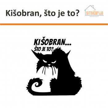 Naljepnica za zid - Kišobran, što je to? predstavlja ilustraciju pokislog i mrzovoljnog mačke iznad čije se glave nalazi natpis; mogućnost izbora boje naljepnice