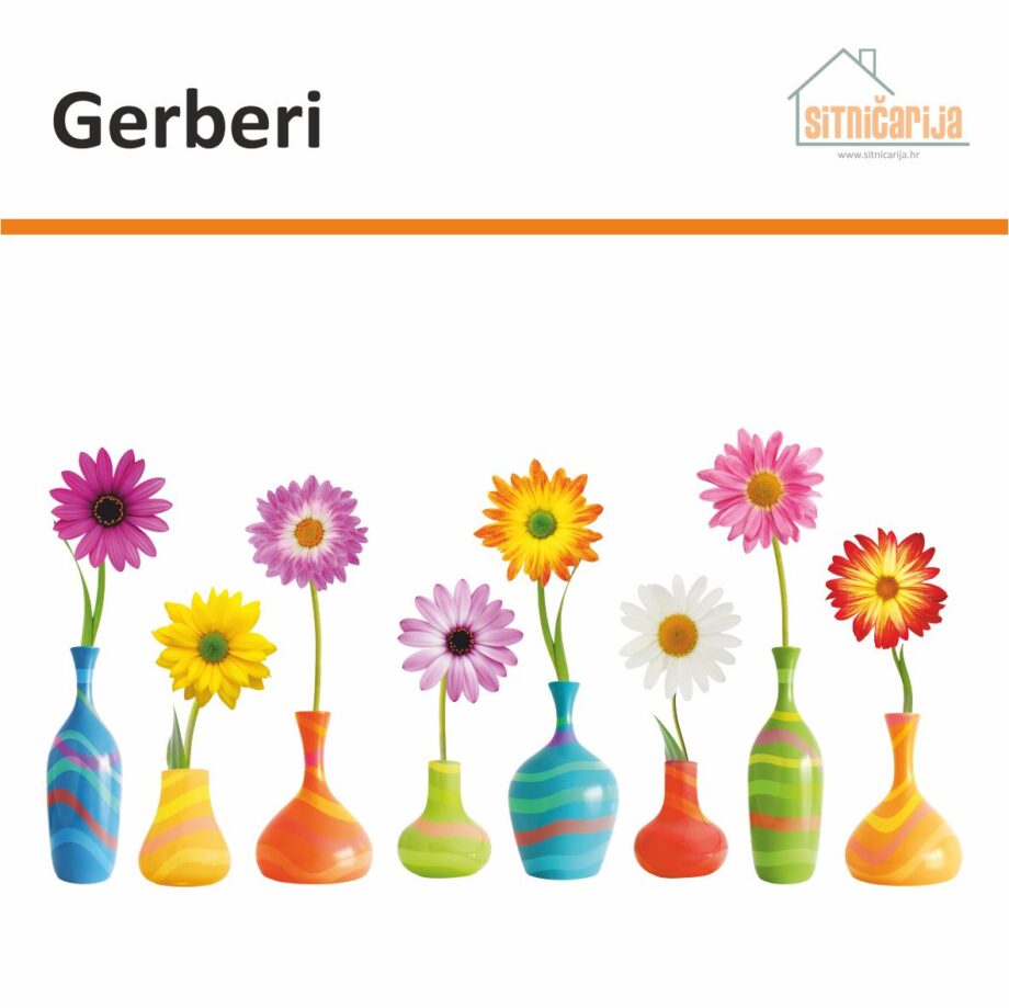 Naljepnica za prozore - Gerberi predstavlja 8 šarenih vaza sa po jednim gerberom u svakoj