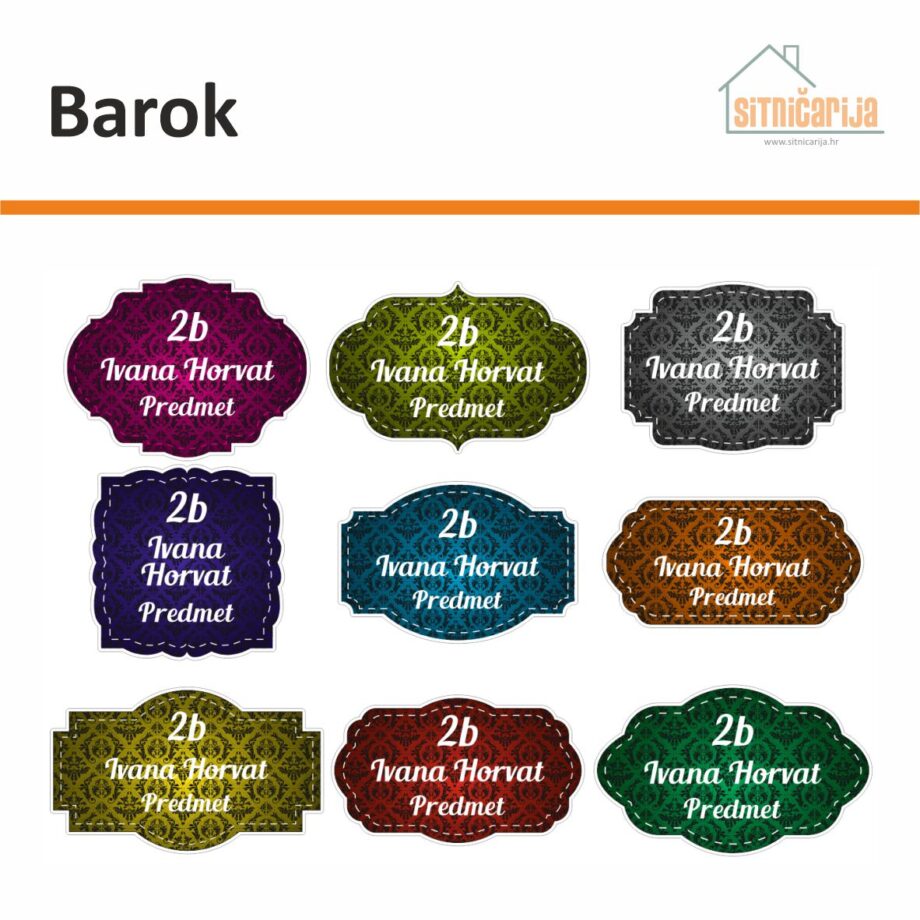 Naljepnice za knjige i bilježnice - Barok; serija od 9 naljepnica ornamentalnog uzorka tamnijih boja s bijelim slovima