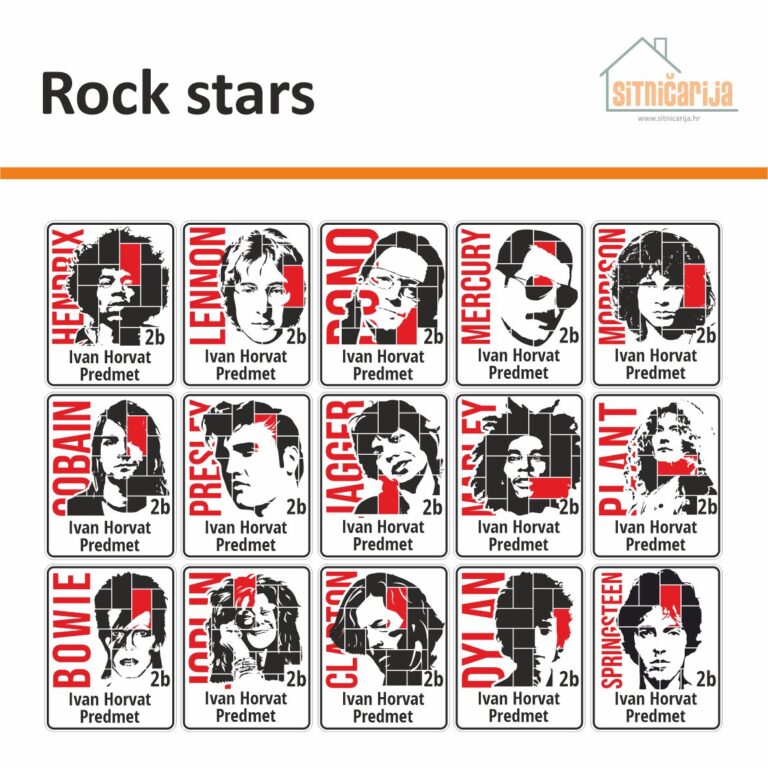 Naljepnice za knjige i bilježnice - Rock stars; 15 crno-bijelih ilustracija poznatih rock zvijezda; ime zvijezde i pojedini detalji crvene boje