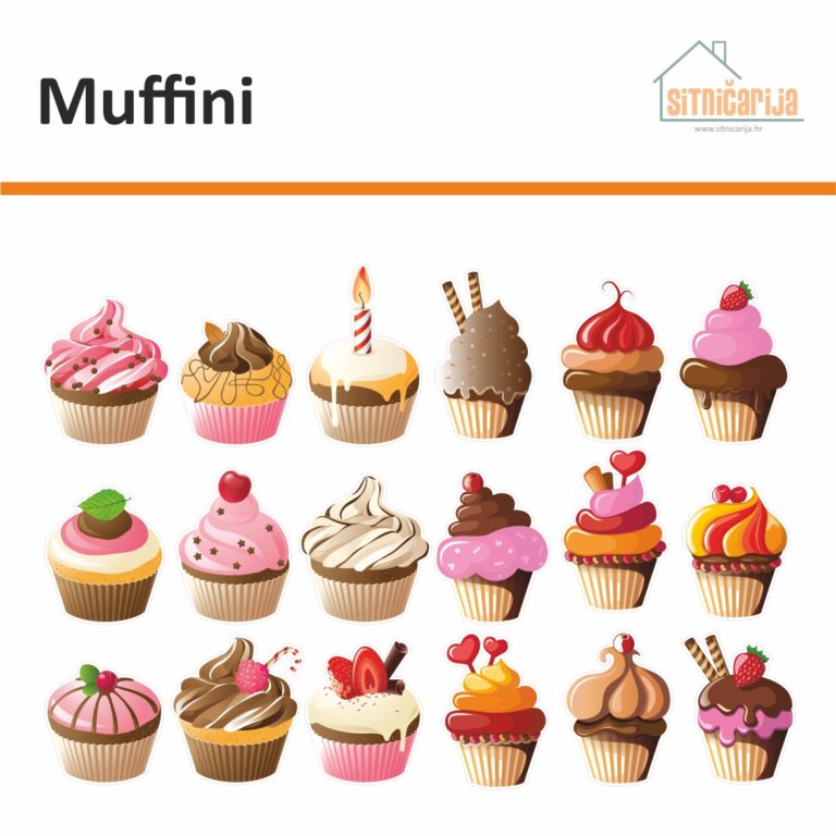 Male naljepnice za sve i svašta - Muffini, set od 18 naljepnica u obliku muffina ukrašenih čokoladom, voćem i šlagom