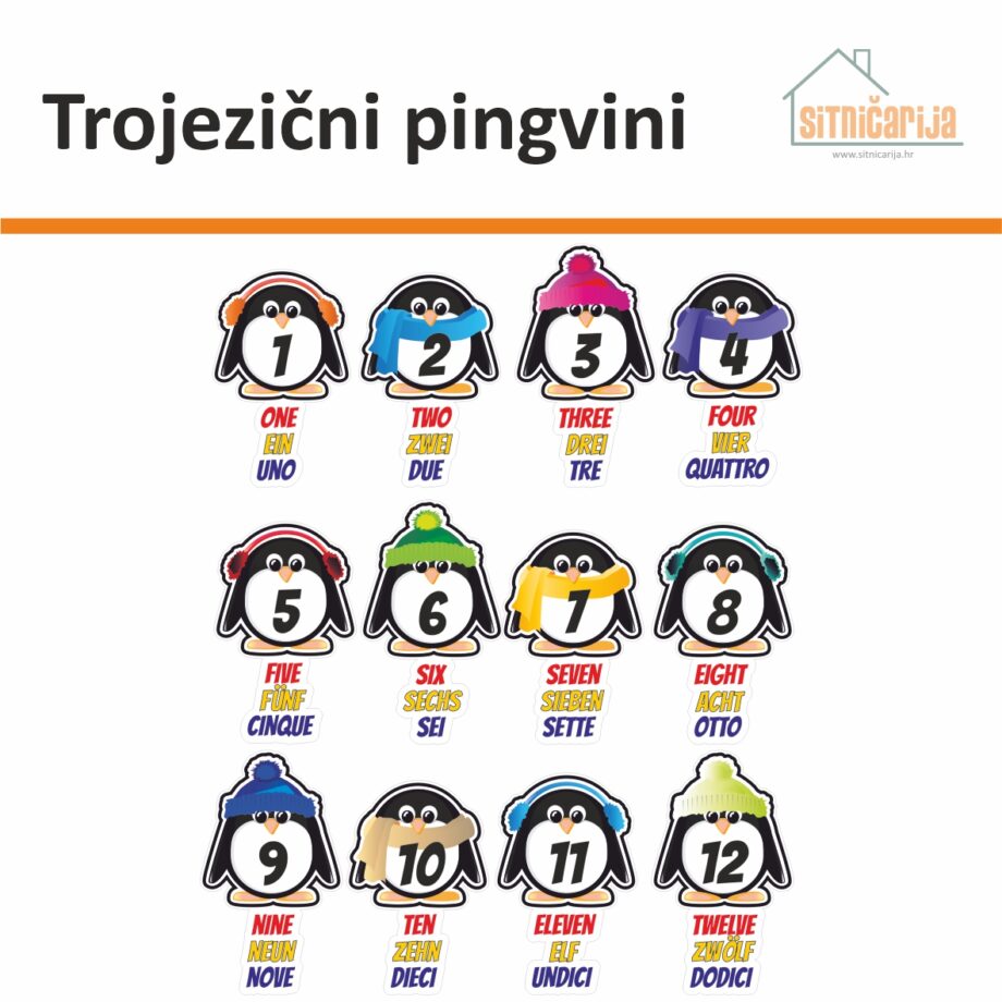 Male naljepnice za sve i svašta - Trojezični pingvini, set od 12 naljepnica u obliku pingvina s nazivima brojeva na 3 strana jezika
