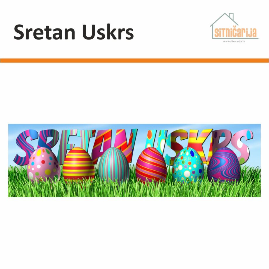 Naljepnica za blagdane - Sretan Uskrs; 6 šarenih uskršnjih jaja poredanih u travi s sa šarenim natpisom Sretan Uskrs iznad njih