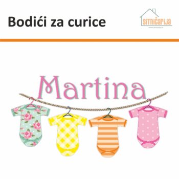 Naljepnica za rođenje djeteta - Bodići za curice predstavlja uže na kojem vise 4 bodića u bojama i ime curice u rozoj boji iznad njih