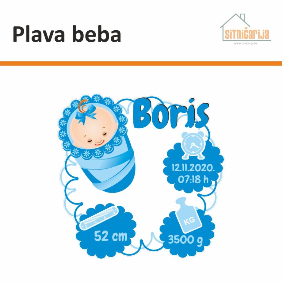 Naljepnica za rođenje djeteta - Plava beba; ime djeteta uz ilustraciju novorođenčeta u jastuku i s podacima pri rođenju u plavim oblačićima