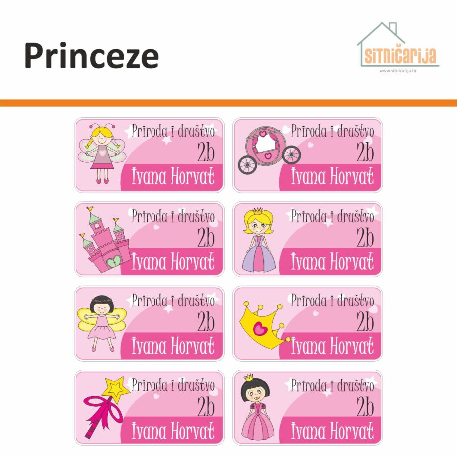 Naljepnice za knjige i bilježnice - Princeze; serija od 8 naljepnica u različitim nijansama roze boje. Na 4 su princeze, a na ostale 4 dvorac, kočija, kruna i čarobni štapić.