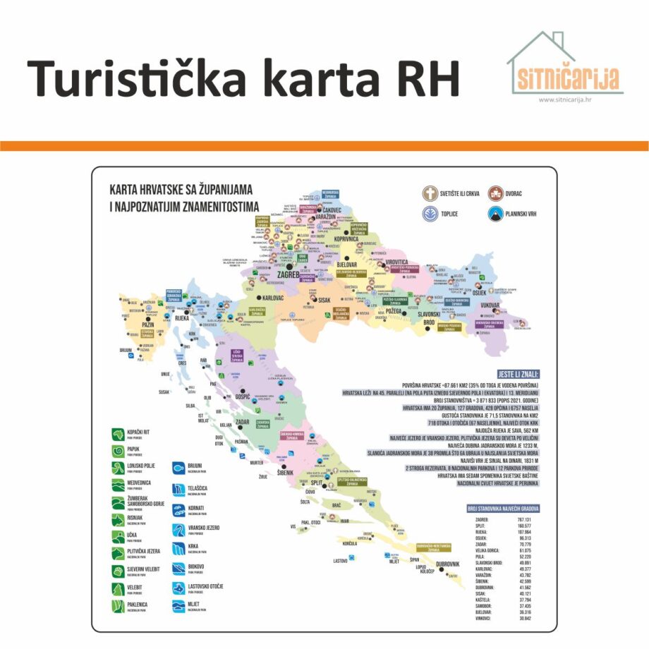 Edukacijska naljepnica - Turistička karta Hrvatske s označenim županijama i bitnim znamenitostima
