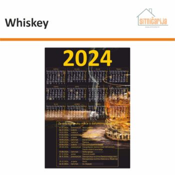 Kalendar naljepnica - Whiskey; kalendar za tekuću godinu plus izdvojeni popis svih praznika i blagdana na crnoj pozadini s fotografijom čaše whiskeya i cigare