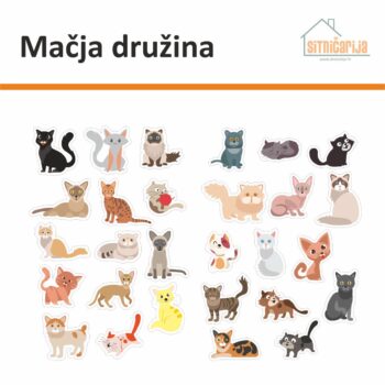 Male naljepnice za sve i svašta - Mačja družina; set od 28 naljepnica maca različitih boja i uzoraka krzna