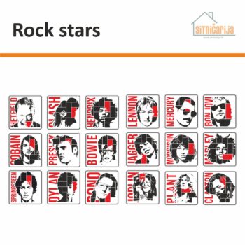 Male naljepnice za sve i svašta - Rock stars; set od 18 crno-bijelih crteža slavnih rock glazbenika. Svaki crtež ima detalj crvene boje i crvenim slovom napisano ime glazbenika