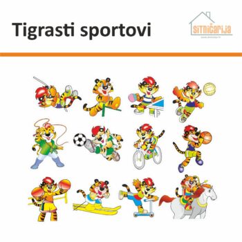 Male naljepnice za sve i svašta - Tigrasti sportovi; set od 12 naljepnica, na svakoj je tigar koji se bavi drugim sportom