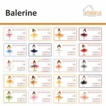 Naljepnice za knjige i bilježnice - Balerine; set od 20 naljepnica s ilustracijom balerine u haljinici druge boje na svakoj naljepnici; podaci o djetetu su napisani štampanim slovima tamno smeđe boje