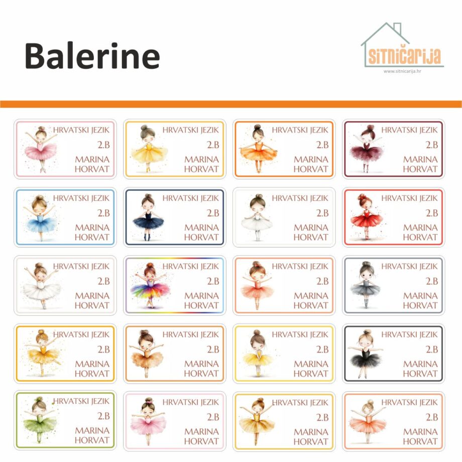Naljepnice za knjige i bilježnice - Balerine; set od 20 naljepnica s ilustracijom balerine u haljinici druge boje na svakoj naljepnici; podaci o djetetu su napisani štampanim slovima tamno smeđe boje