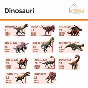 Naljepnice za knjige i bilježnice - Dinosauri; set od 11 naljepnica s ilustracijom dinosaura koji viri izvan ruba naljepnice na svakoj; podaci o djetetu su napisani štampanim slovima tamno smeđe boje