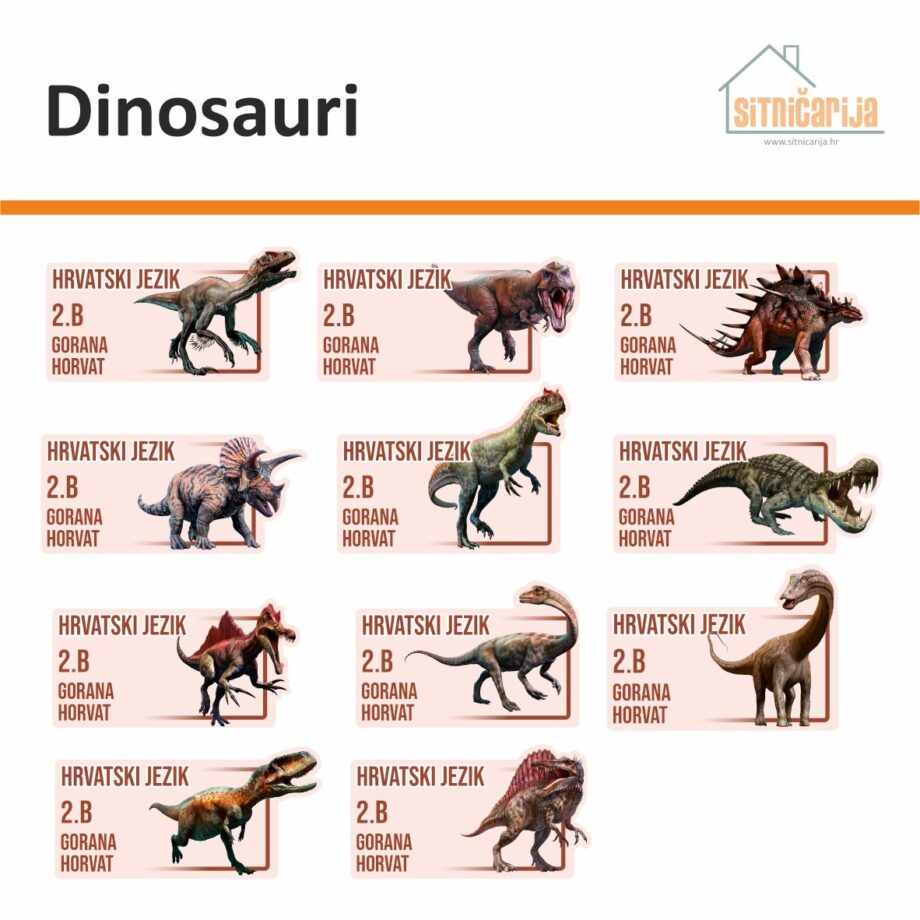Naljepnice za knjige i bilježnice - Dinosauri; set od 11 naljepnica s ilustracijom dinosaura koji viri izvan ruba naljepnice na svakoj; podaci o djetetu su napisani štampanim slovima tamno smeđe boje