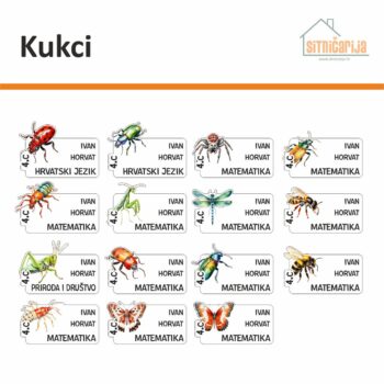 Naljepnice za knjige i bilježnice - Kukci; set od 15 bijelih naljepnica, na svakoj fotografija različitog kukca u gornjem lijevom uglu; podaci o učeniku su napisani crnim štampanim slovima