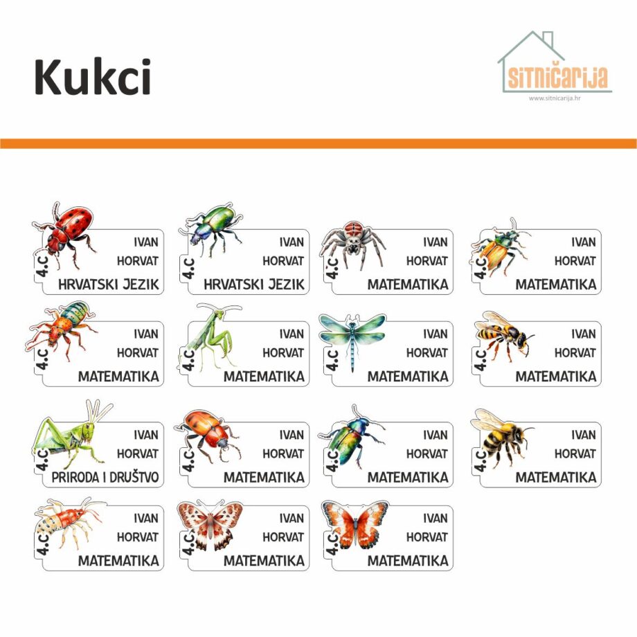 Naljepnice za knjige i bilježnice - Kukci; set od 15 bijelih naljepnica, na svakoj fotografija različitog kukca u gornjem lijevom uglu; podaci o učeniku su napisani crnim štampanim slovima